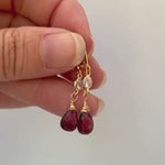 Dainty Crystal and Garnet Earrings dangle Gold