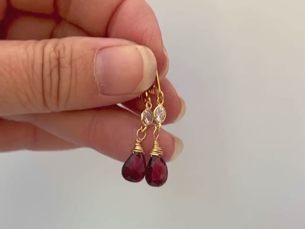 Dainty Crystal and Garnet Earrings dangle Gold