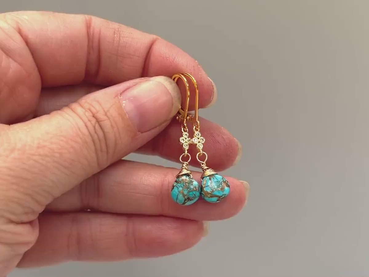 Dainty Copper Turquoise Earrings dangle Gold, Crystal , Silver leverback dangly earrings