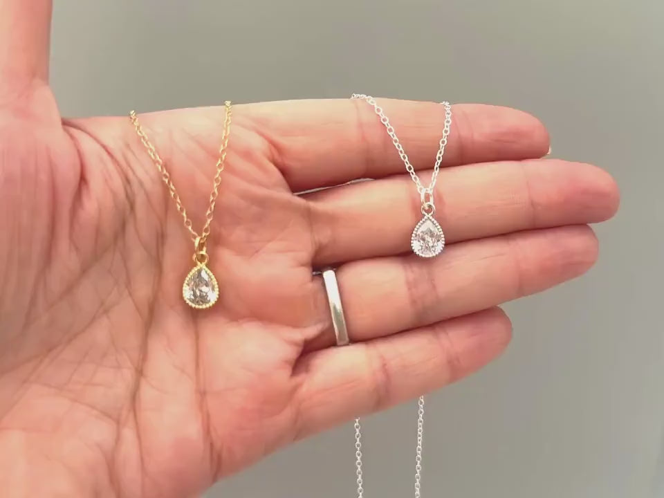 Dainty Crystal Tear Drop Necklace Gold, silver