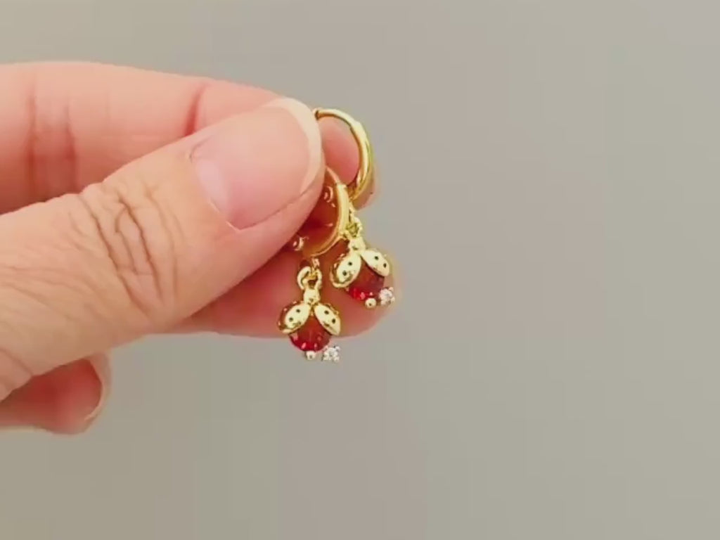 Dainty Crystal Ladybug Earrings  Gold huggie hoops handmade cottagecore minimalist nature inspired bug jewelry gift for gardeners, bff