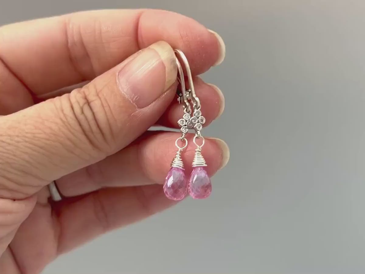 Crystal and Pink Topaz earrings dangle, Sterling Silver
