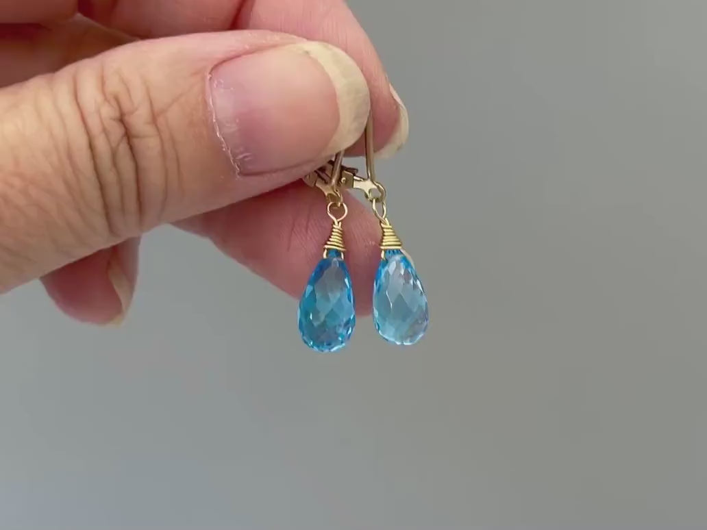 Swiss Blue Topaz earrings dangle, solid 14k Gold, silver, rose gold