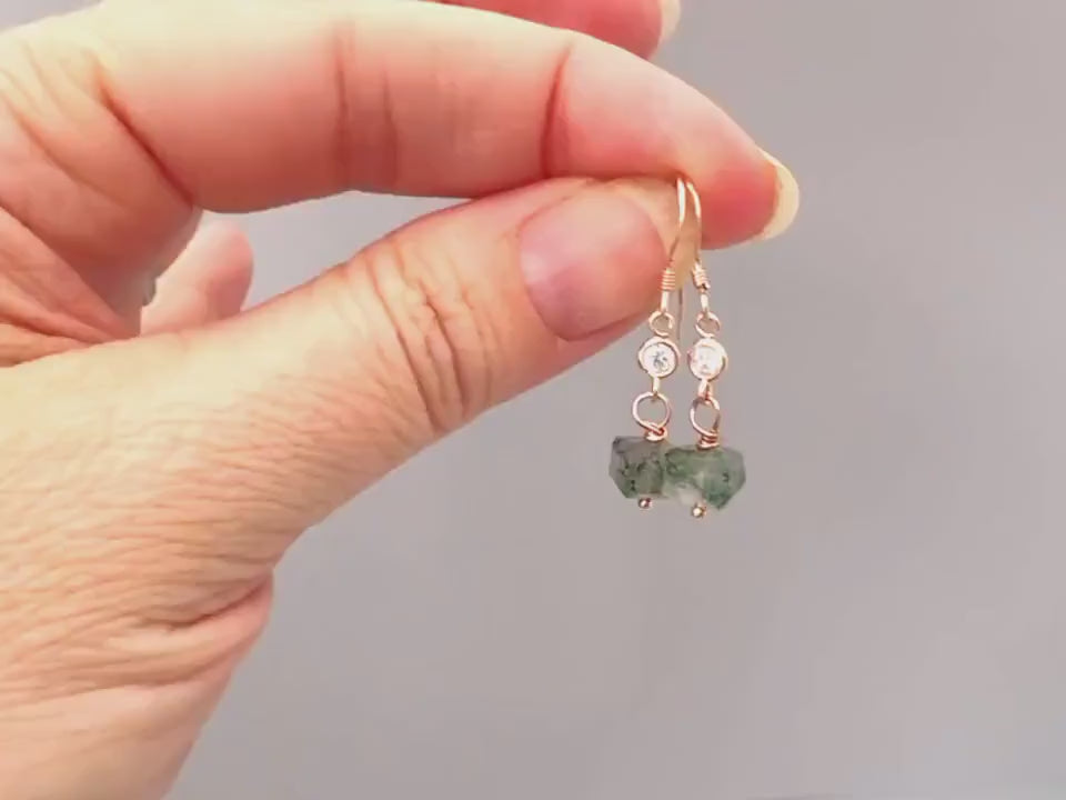 Moss Agate Earrings Dangle Rose Gold, Sterling Silver 14k Gold Fill