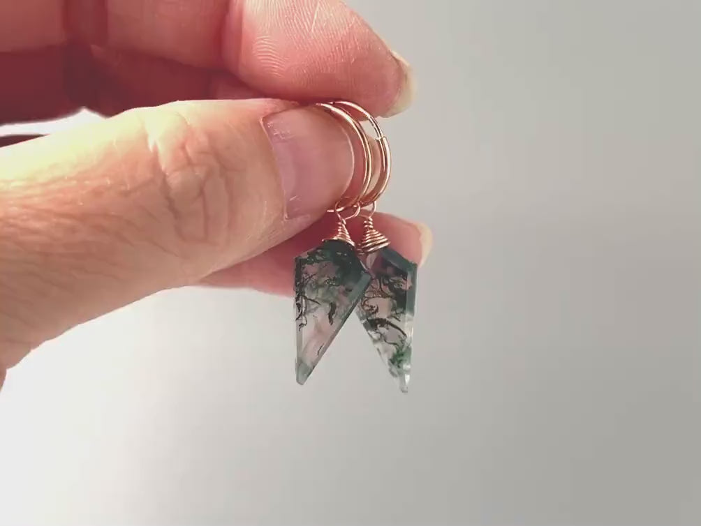 Moss Agate Earrings Sterling Silver Huggie Hoops