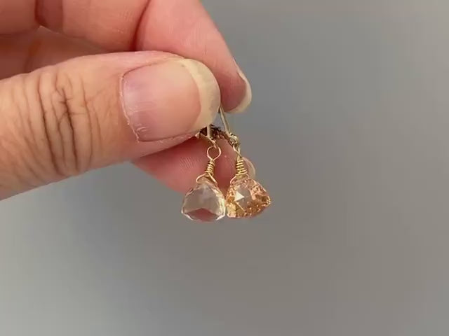 Dainty Morganite earrings dangle 14k gold, Sterling Silver, Rose Gold Peach Pink Quartz