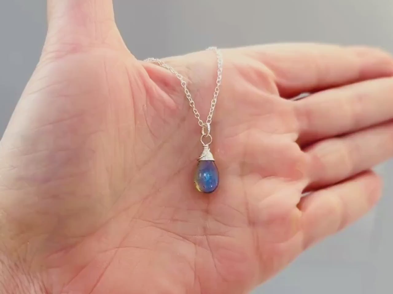 Dainty Silver Labradorite Necklace Sterling Silver or 14k Gold Fill Smooth Briolette Pendant Gift for daughter, sister Handmade in Michigan