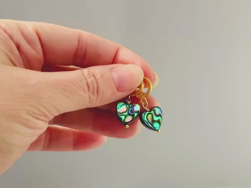 Abalone Heart Earrings Huggie Hoops Gold, Silver, Rose Gold