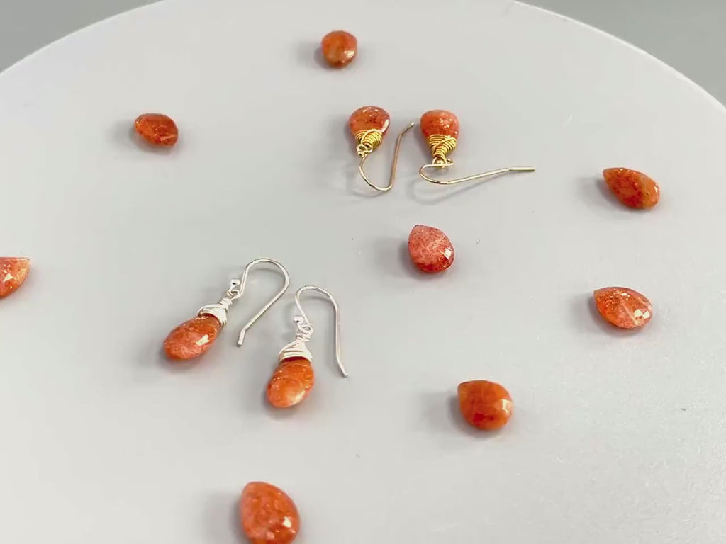 Sunstone Earrings dangle 14k Gold fill, Sterling Silver tear drop lightweight earrings Handmade Oregon Sunstone crystal Jewelry for women