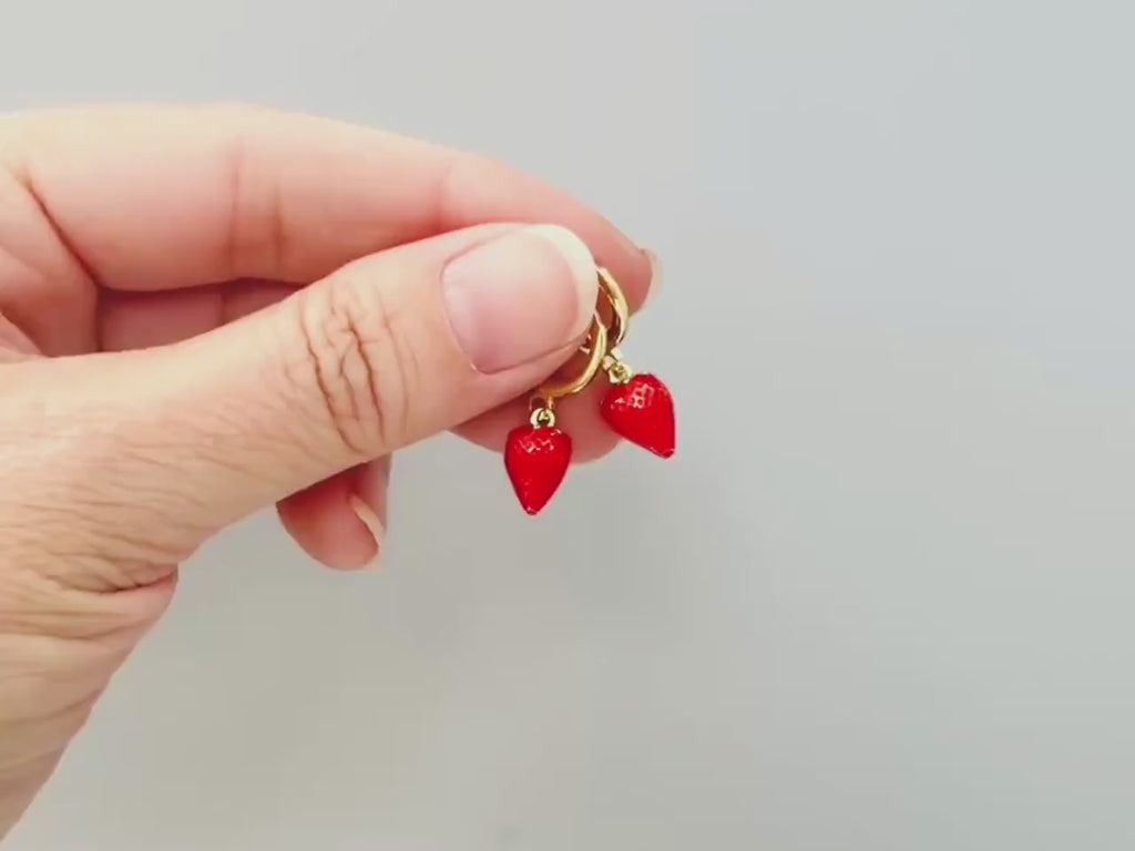 Dainty Strawberry Huggie Hoop Earrings Gold Red Charm Earrings, Cottagecore Jewelry Fruit Chef Gift, Cute Summer Earrings gift for gardener
