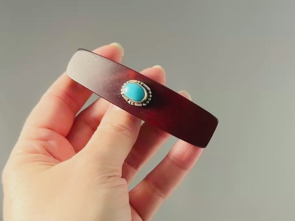 Sterling Silver and Turquoise Gemstone Barrette Borneo rosewood medium clip