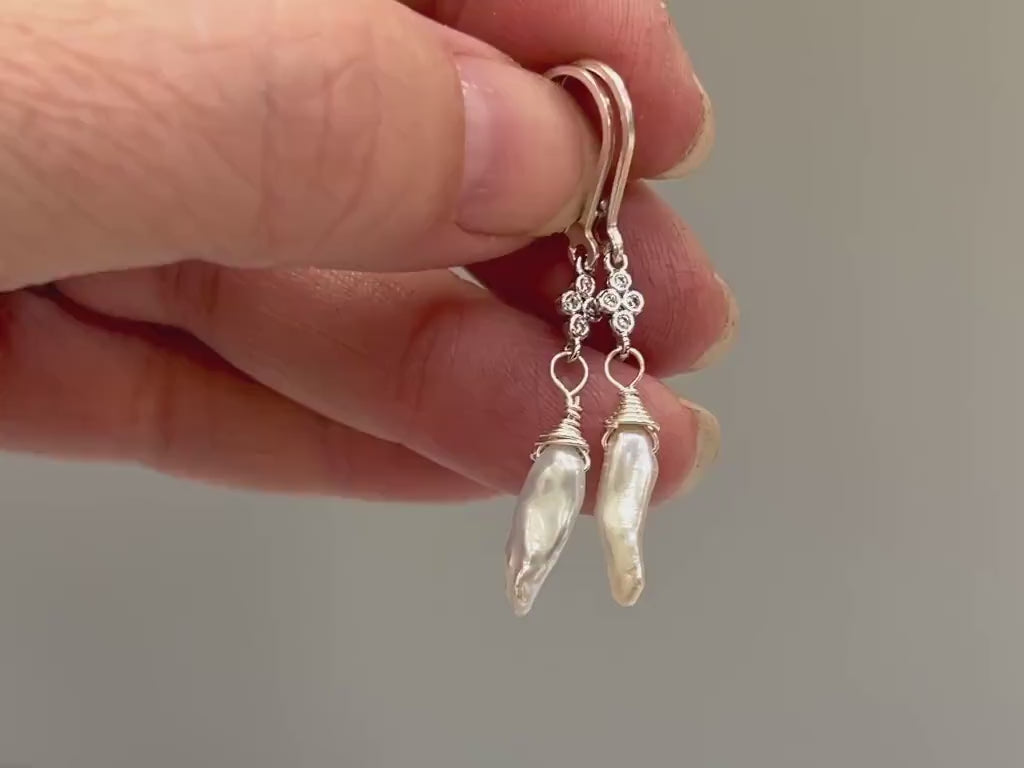 Unique Icicle Pearl Earrings dangle, Sterling Silver