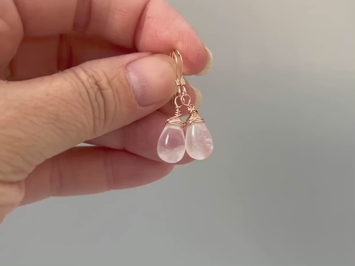 Rose Quartz Earrings Dangle Rose Gold, Sterling Silver Dangling smooth teardrop soft pink gemstone Handmade January birthstone jewelry gift