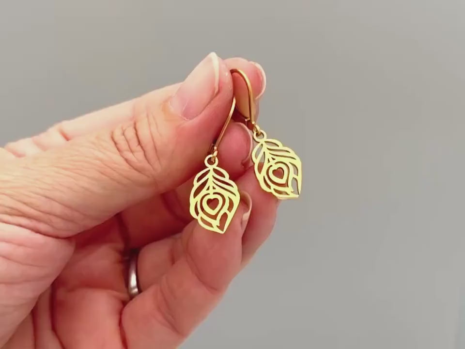 Peacock Feather Earrings dangle Rose Gold, silver, gold