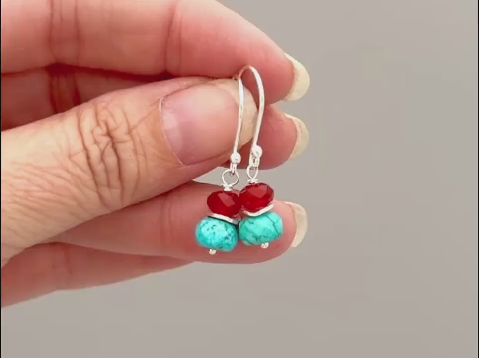 Turquoise and Carnelian Earrings dangle Sterling Silver