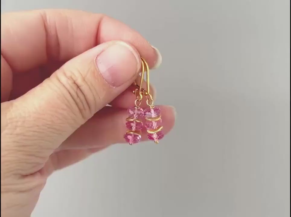 Dainty Pink Topaz earrings dangle Sterling Silver, Rose Gold 14k Gold fill dangly November Birthstone artisan handmade gemstone jewelry gift