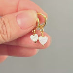 Dainty Gold Mother of Pearl Heart Earrings Huggie Hoops Dangle charms Silver, Rose Gold romantic June Birthstone birthday gift wife mom bff