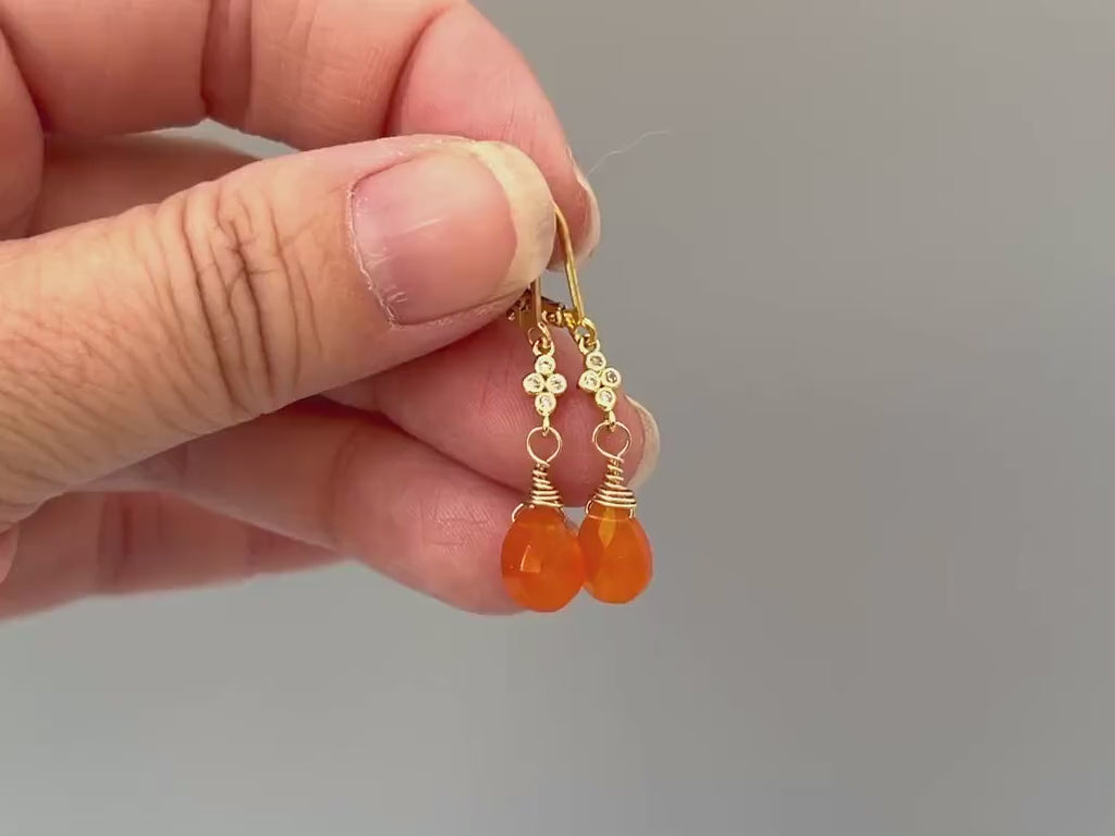 Carnelian earrings dangle, 14k gold, Sterling Silver, Crystal boho jewelry