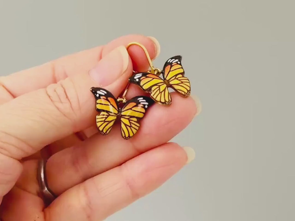 Monarch Butterfly Earrings Dangle 18k Gold Handmade Colorful Spring Summer Jewelry gifts for gardener, mothers day, insect nature lover, mom