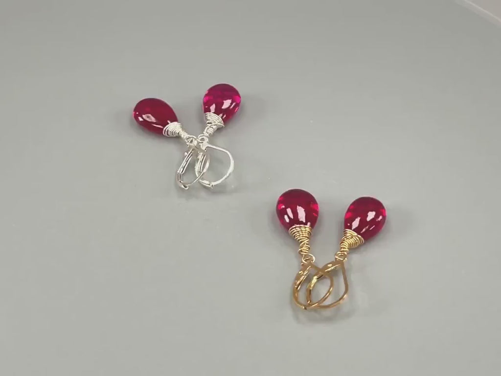 Pink Tourmaline Quartz Earrings Dangle 14k Gold fill, Sterling Silver