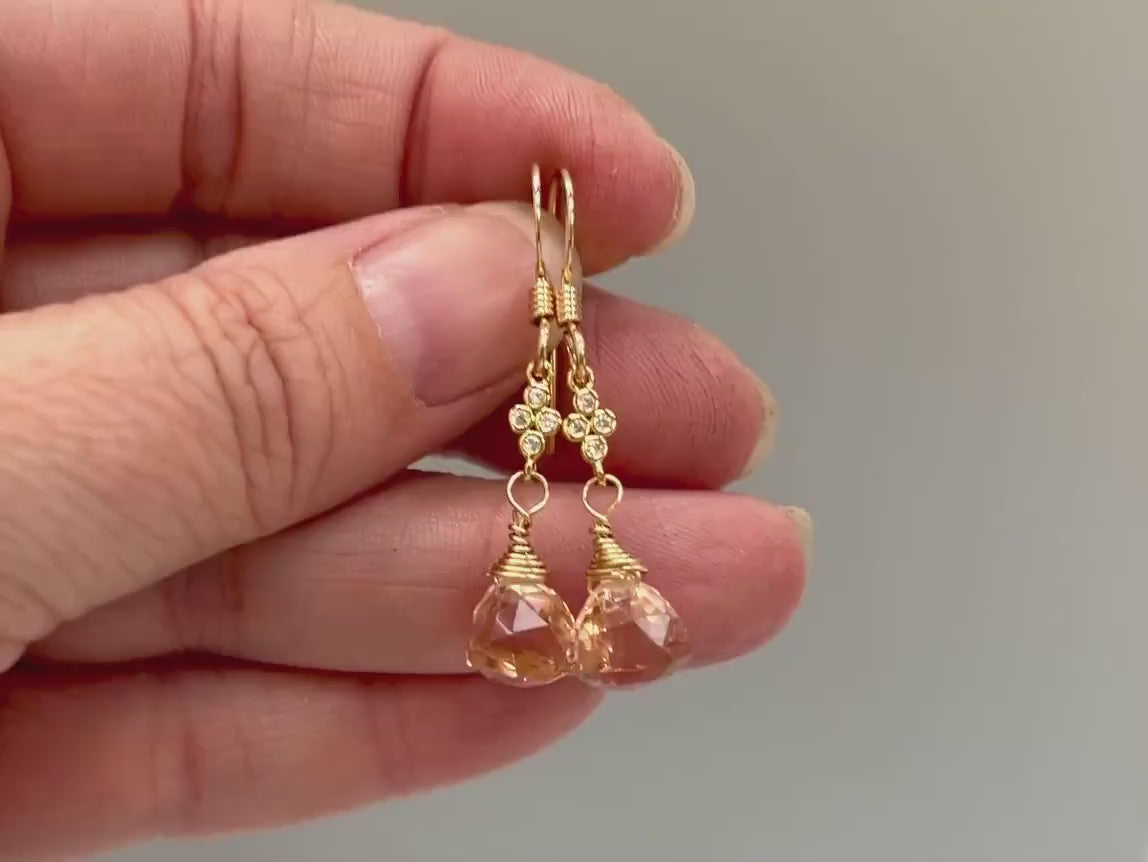 Morganite Earrings dangle gold pink, peach, champagne quartz