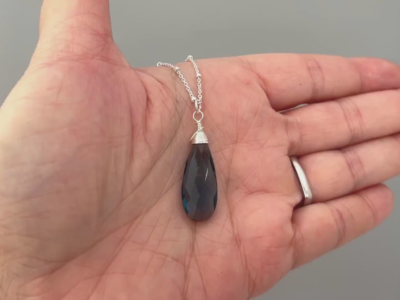 London Blue Necklace Handmade Topaz Quartz pendant Silver,  gold, Rose Gold