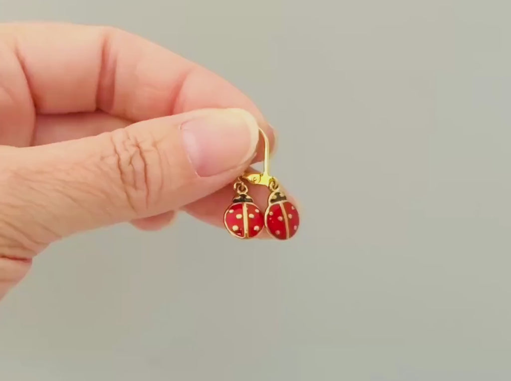 Dainty Ladybug Earrings dangle Gold Leverbacks handmade cottagecore minimalist nature inspired bug jewelry gift for gardeners, sister, bff