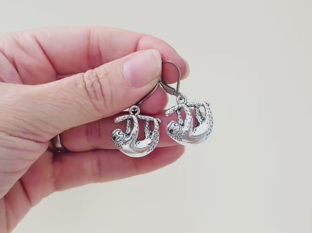 Silver Sloth Earrings dangle fun, unique animal lover sloth gift handmade Jewelry boho dangling charm earrings cottagecore gift for sister