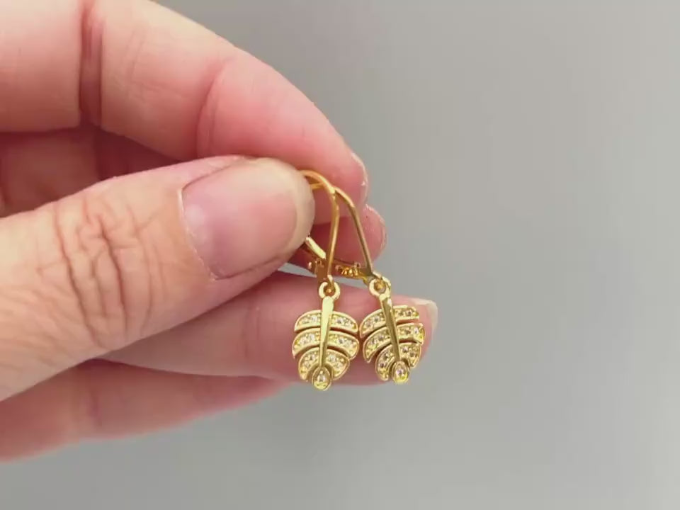 Crystal Monstera Leaf earrings dangle, gold, silver, rose gold