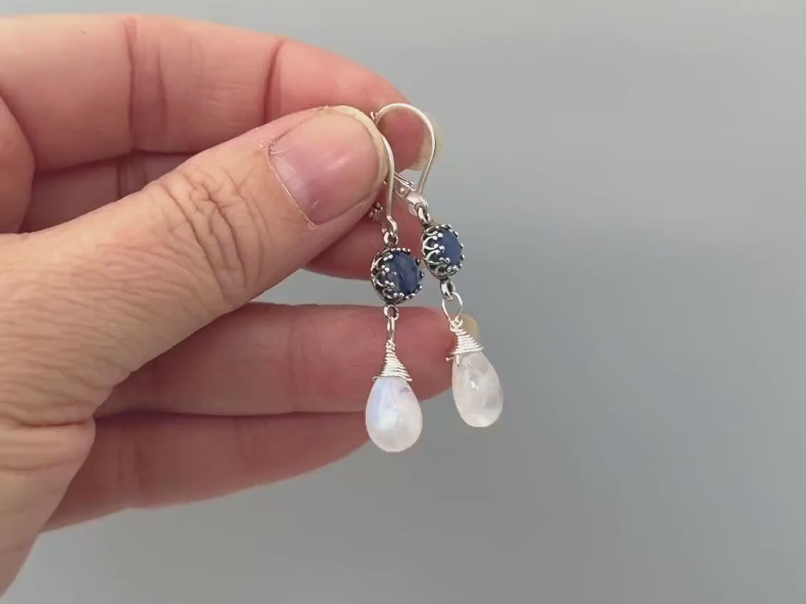 Blue Kyanite and Moonstone Earrings Dangle Handmade Sterling Silver birthstone jewelry for women  gemstone earrings gift for wife, mom