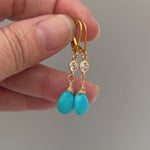 Crystal and Turquoise earrings dangle, Gold, Silver