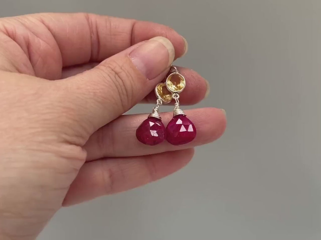 Ruby and Citrine earrings dangle, Sterling Silver