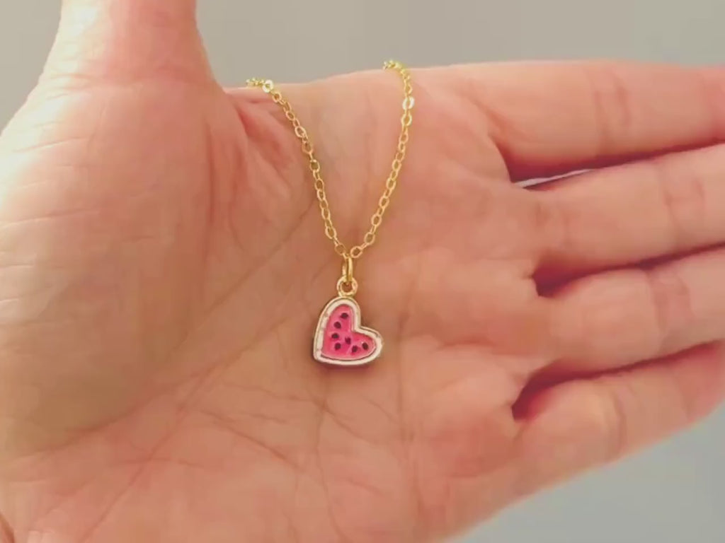 Watermelon Necklace gold heart cute summer jewelry gift for her unique fun miniature fruit jewelry for her cutecore gift for teens, daughter