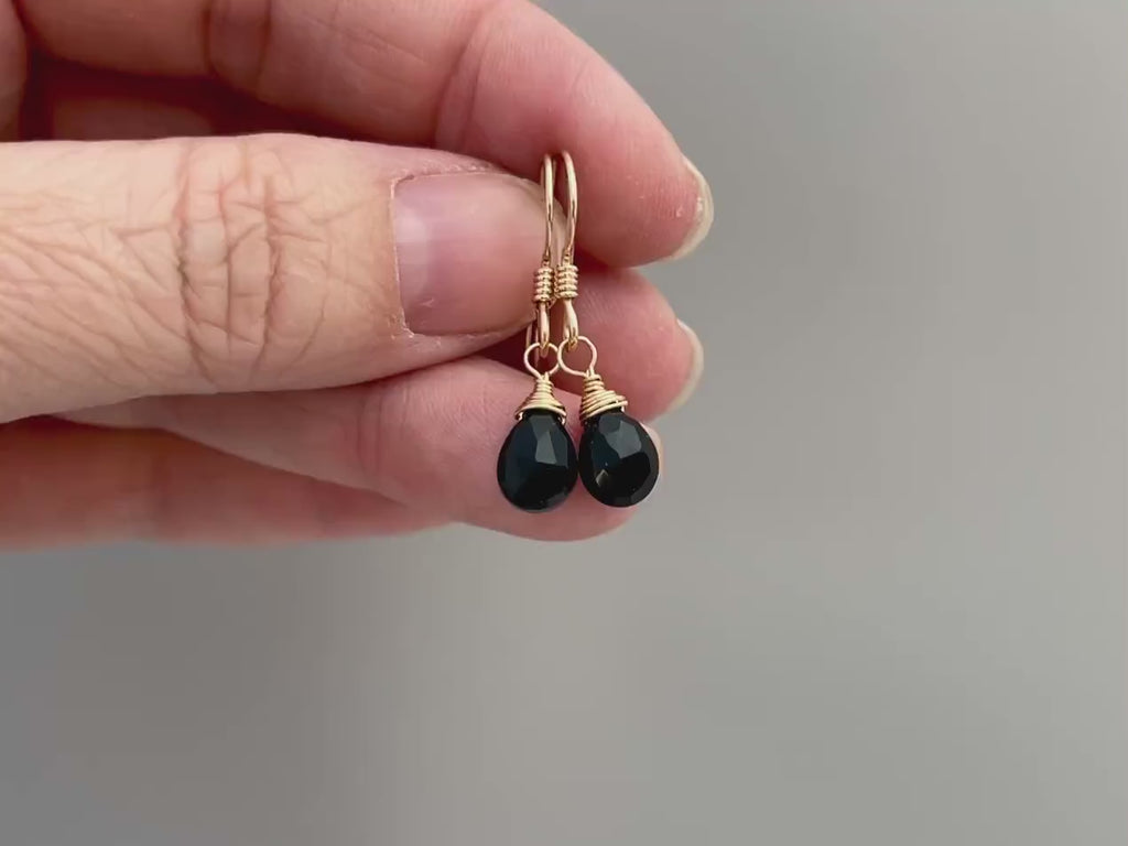 Minimalist Black Onyx Earrings dangle 14k Gold, Silver lightweight everyday teardrop boho handmade gemstone dangly drop earrings for women