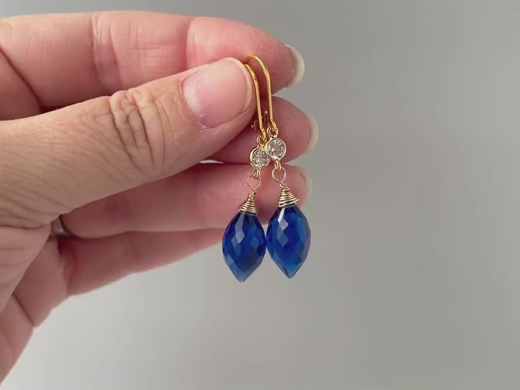 Sapphire Blue earrings dangle gold silver September Birthstone Leverback sparkling crystal 14k Gold Fill Handmade jewelry Dangly drops gift