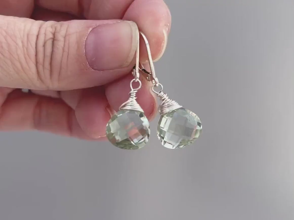 Green Amethyst earrings Dangle Sterling Silver, Rose 14k Solid Gold Prasiolite Jewelry