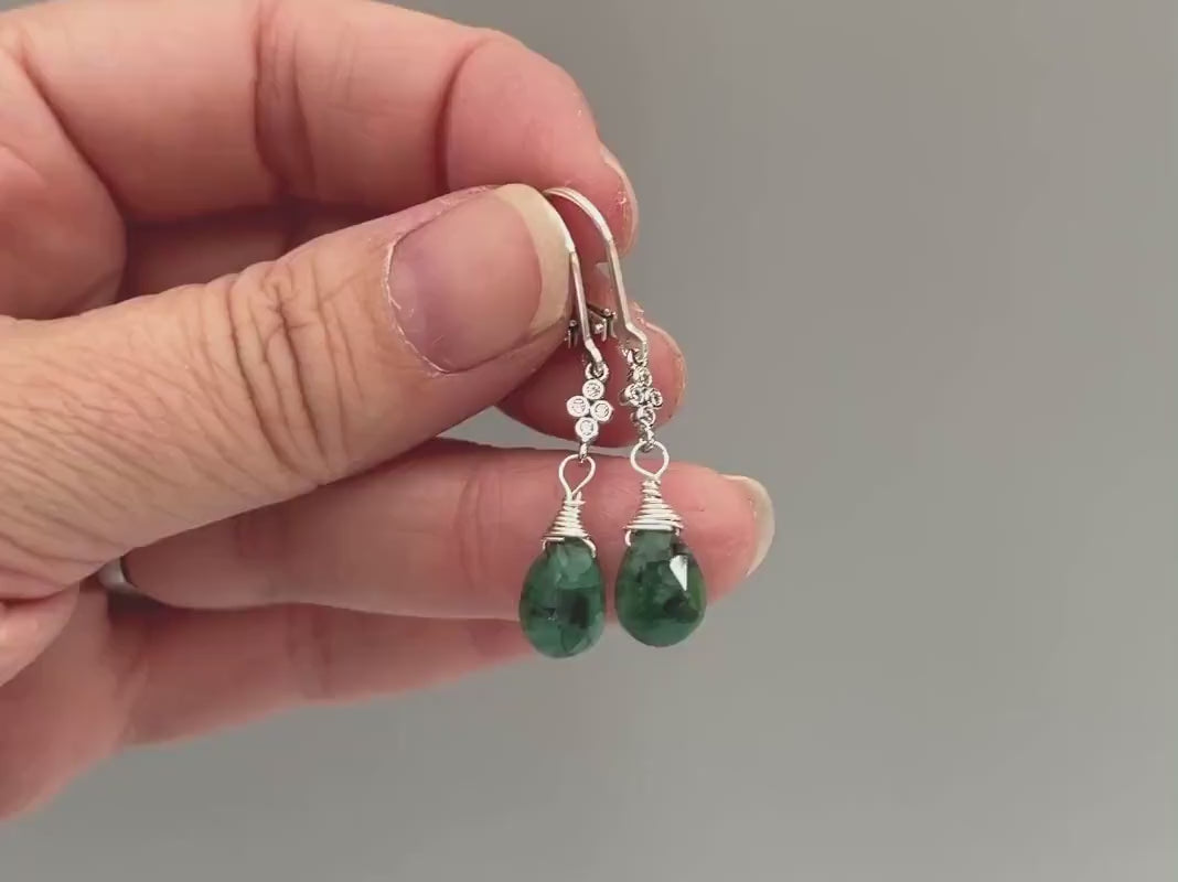 Dainty Emerald earrings dangle, Sterling Silver, Gold crystal dangly tear drop boho handmade green gemstone jewelry for women May Birthstone