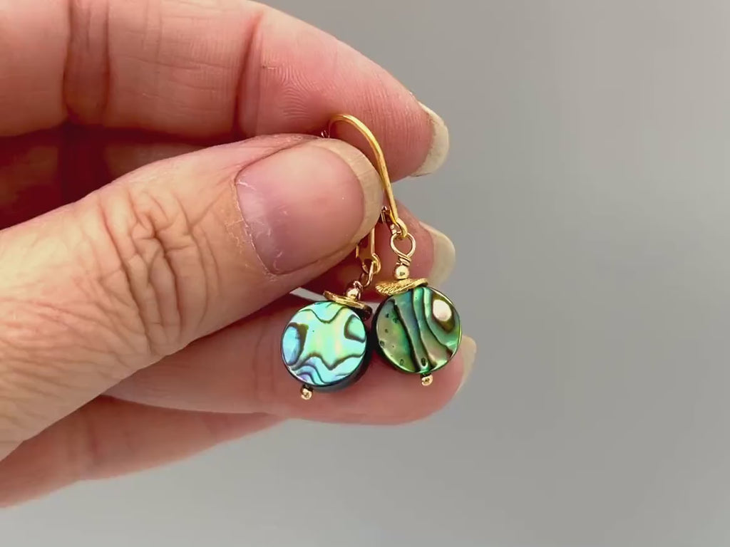 Dainty Abalone Shell Earrings dangle gold