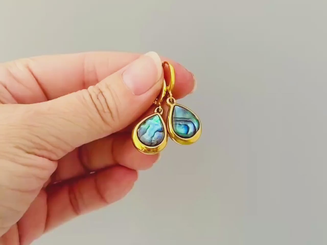 Teardrop Abalone Earrings Gold Huggie Hoops dangle handmade shell earrings, colorful summer jewelry, ocean beach wedding gift for her