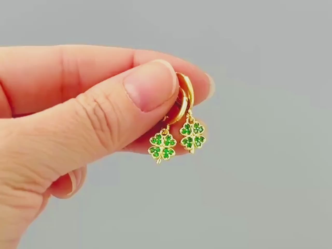 Lucky Four Leaf Clover Earrings Dangle Silver, Gold Huggie Hoops Crystal charm Emerald Green Shamrock Irish jewelry colorful St Patricks day