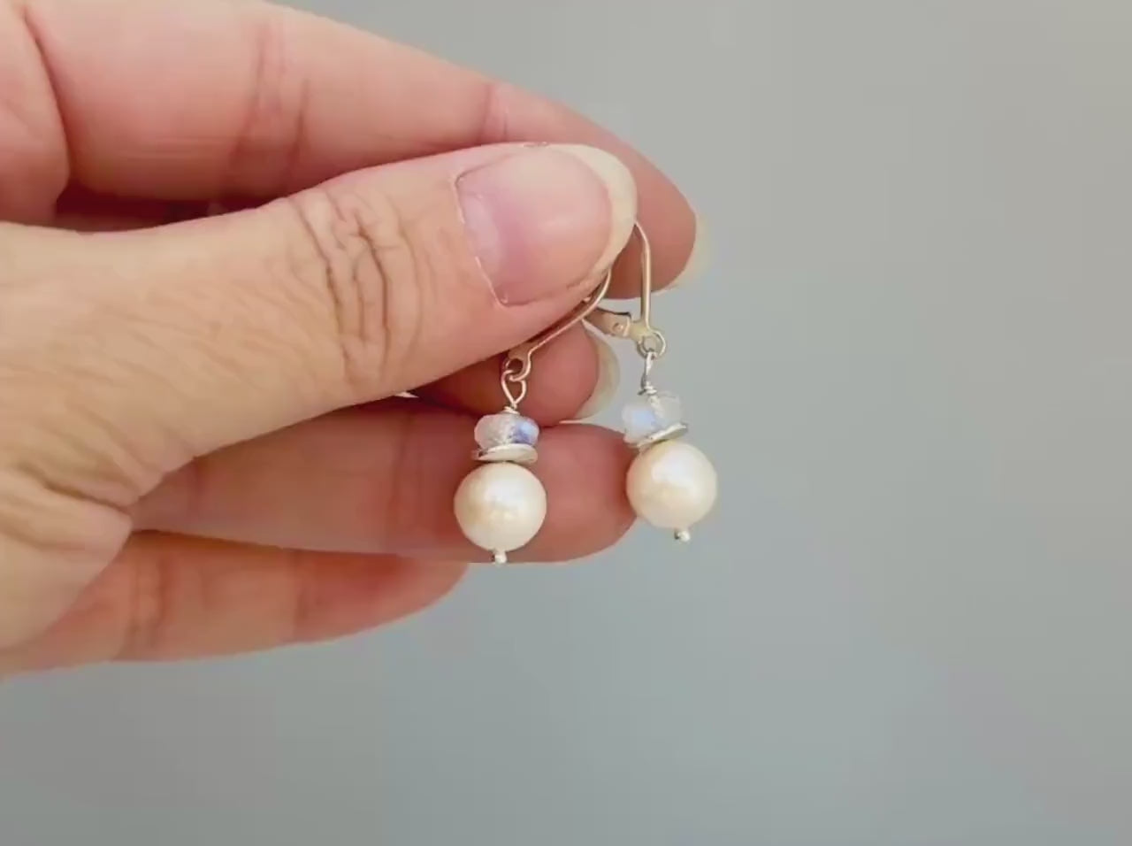 Pearl and Moonstone Earrings Dangle Sterling Silver, 14k Gold Handmade Gemstone Freshwater Pearl Jewelry June birth stone gift for mom, wife