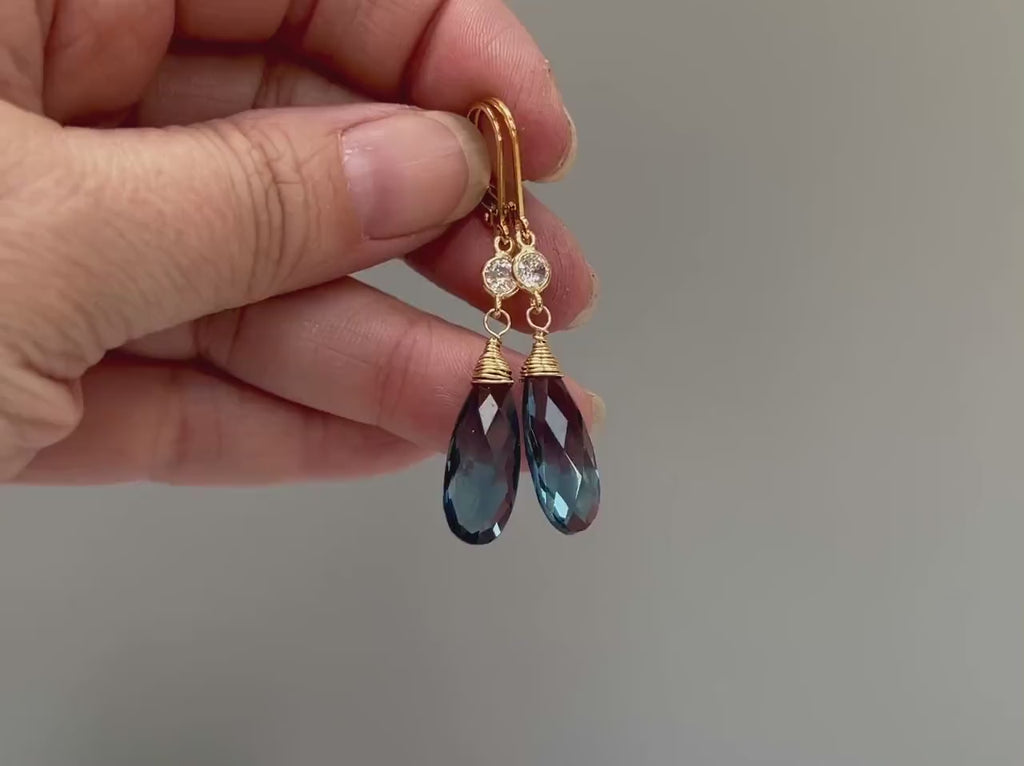 Crystal London Blue Topaz Quartz earrings dangle, drop gold