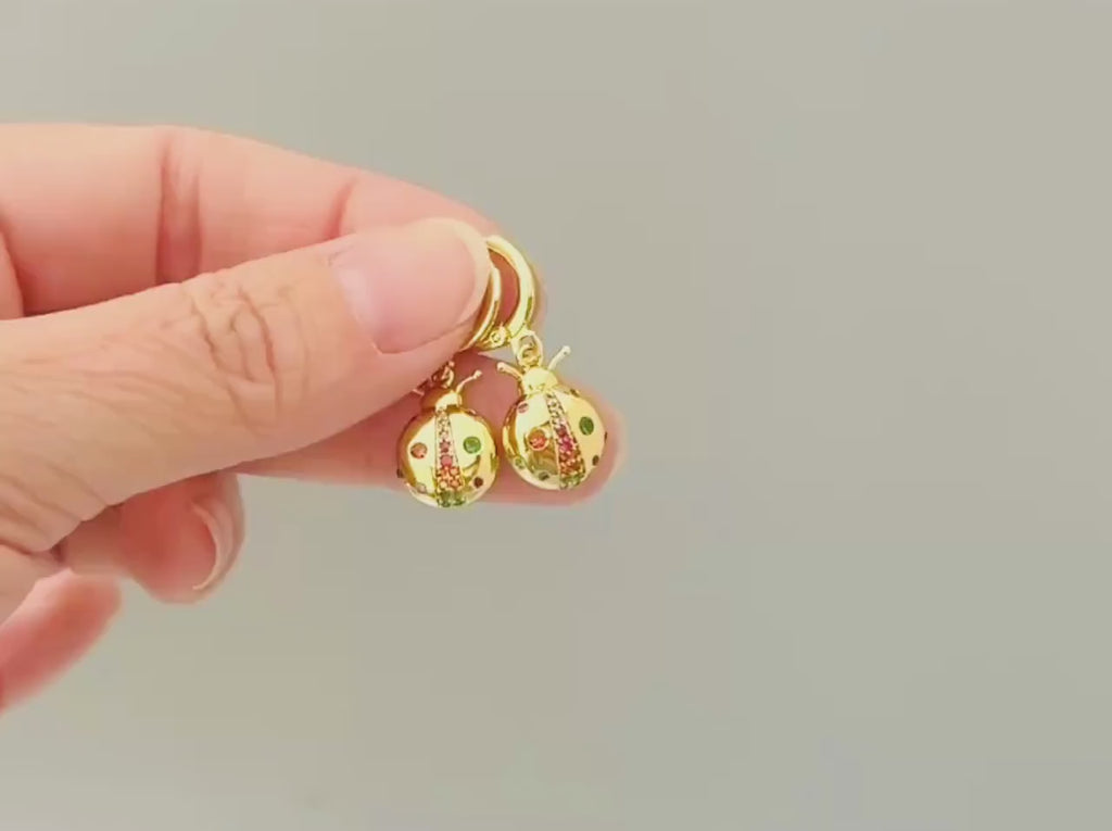 Dainty Rainbow Crystal Ladybug Earrings Gold huggie hoops handmade colorful cottagecore nature inspired bug jewelry gift for gardeners, bff
