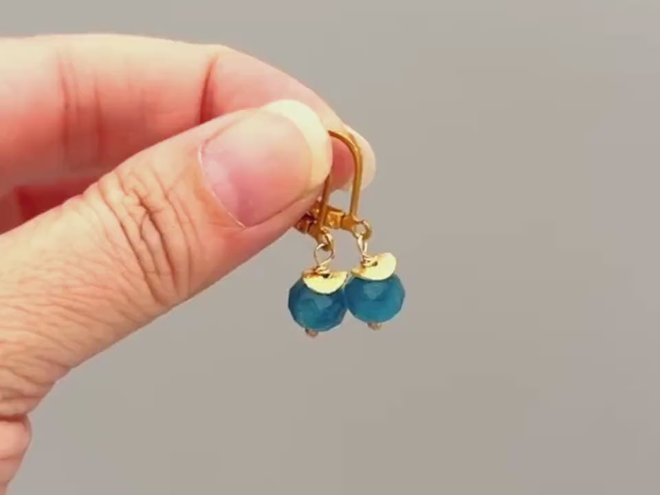 Dainty Blue Apatite Earrings Dangle 14k Gold, Sterling Silver rose gold