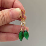 Emerald Green earrings dangle, gold May Birthstone Leverback sparkling crystal Quartz 14k Gold Fill Handmade jewelry for women Dangly drops