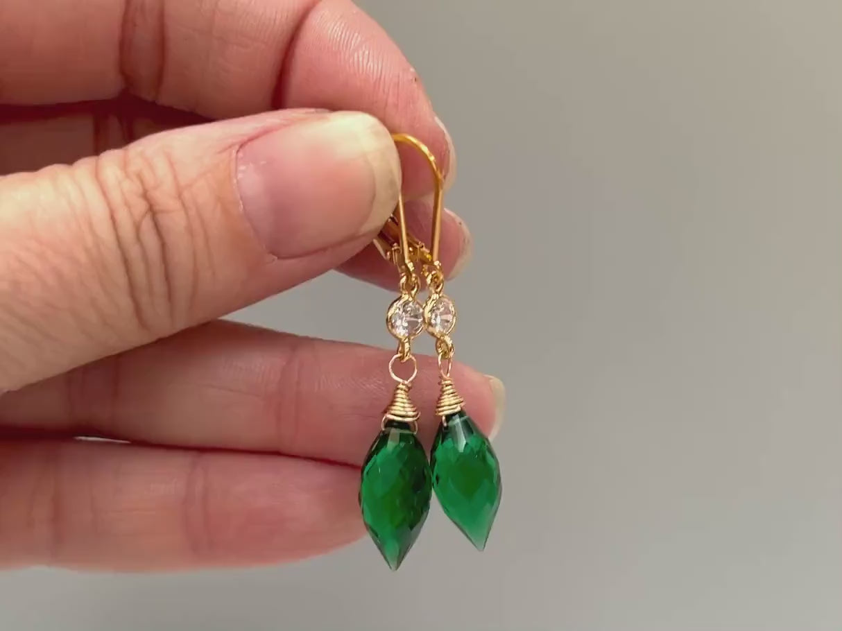 Emerald Green earrings dangle, gold May Birthstone Leverback sparkling crystal Quartz 14k Gold Fill Handmade jewelry for women Dangly drops