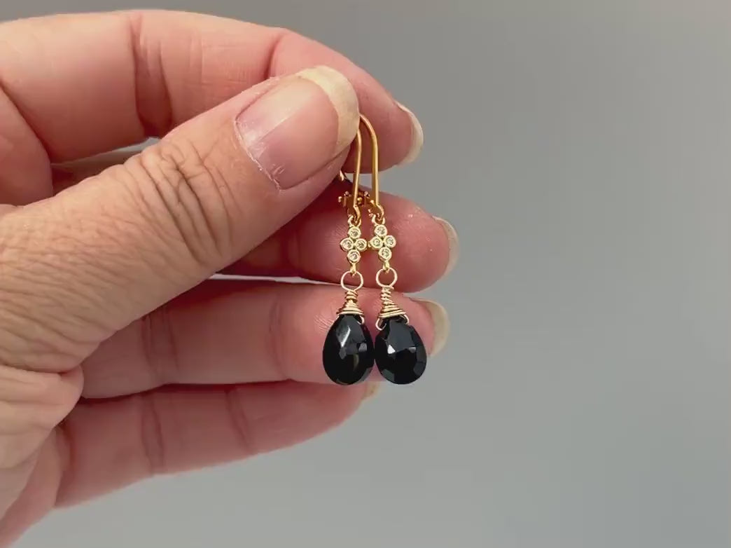 Dainty Black Onyx earrings dangle, Sterling Silver, Gold crystal dangly tear drop handmade boho gemstone jewelry for women July Birthstone