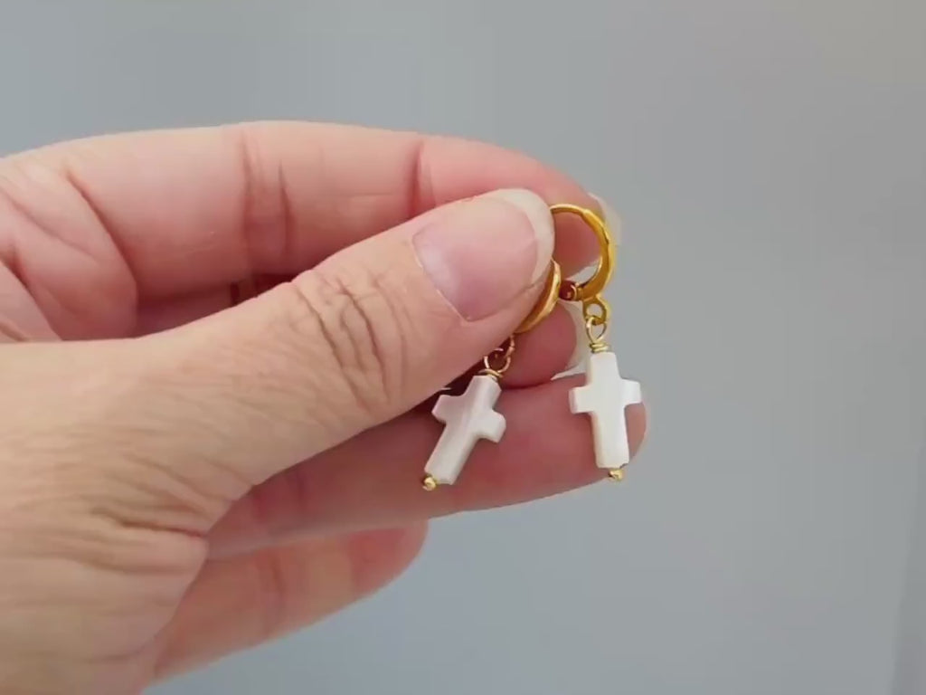 Dainty Mother of Pearl Cross Hoop Earrings Gold, Silver minimalist religious faith jewelry for women Christian baptism confirmation gift mom