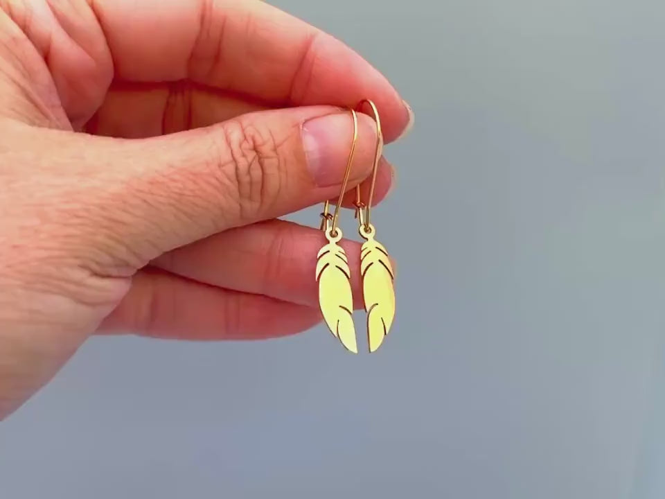 Boho Bird Feather Earrings dangle gold, sterling silver feather Jewelry unique gift for mom, nature, bird lover Handmade dangly long