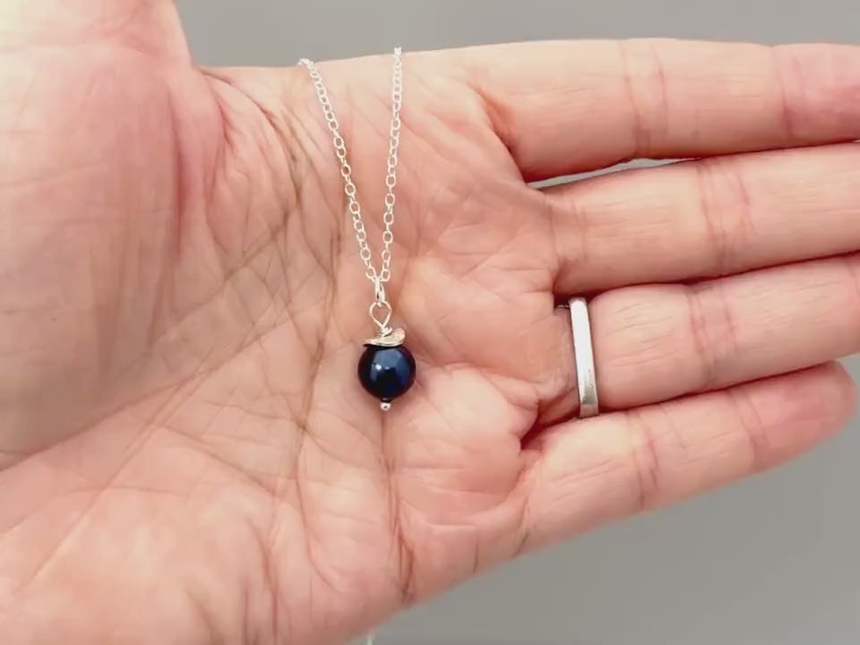 Dainty Blue Pearl Necklace Sterling Silver single pearl pendant